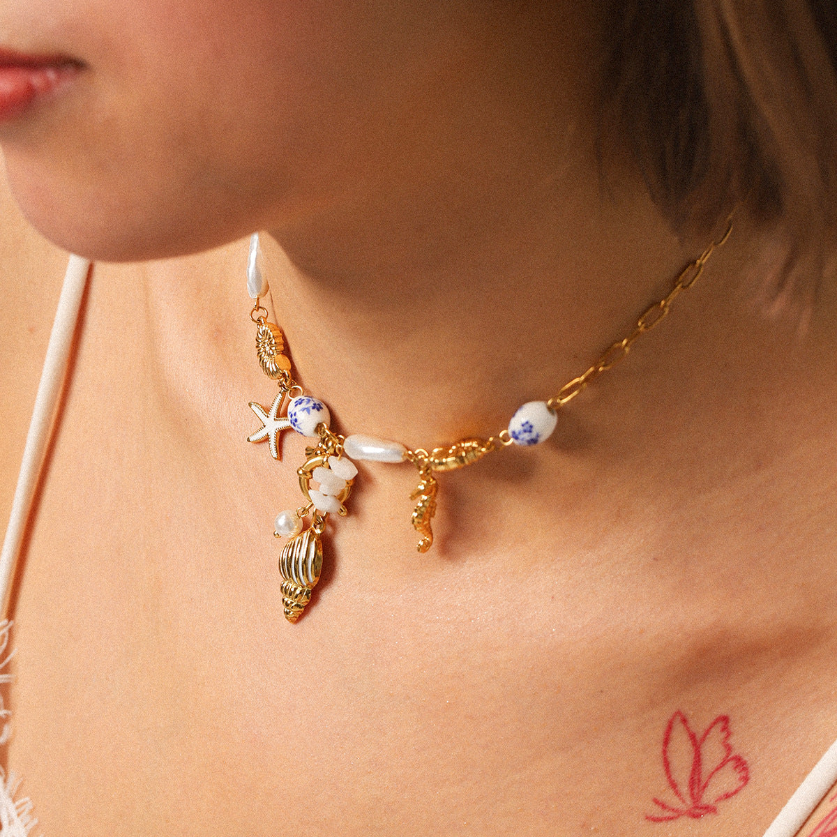 Summer Stainless Steel Ocean Style Element Starfish Shell Pearl Conch Necklace Female Non-fading Necklace