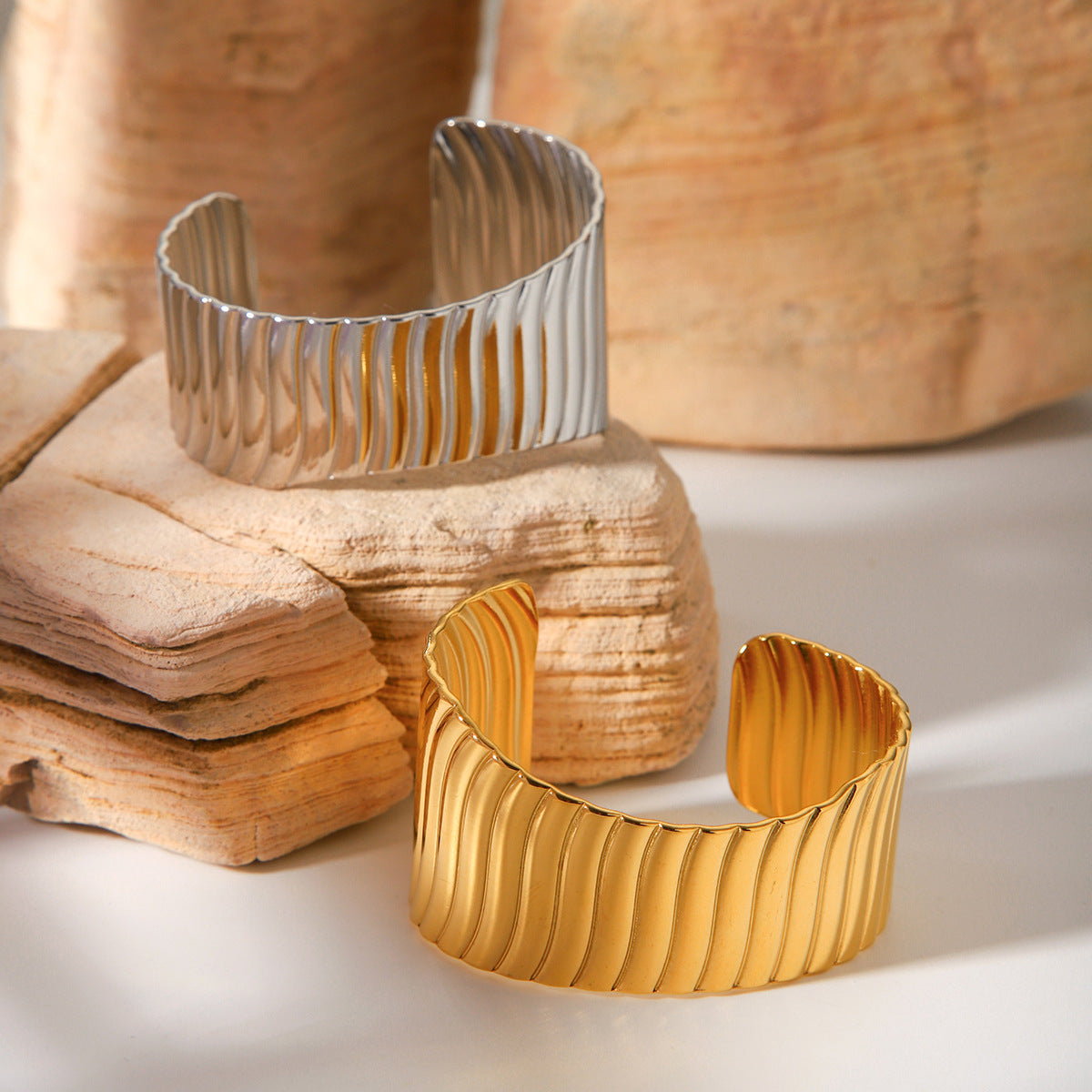 Stainless steel exaggerated asymmetric opening bracelet ins design sense vertical stripe wide titanium steel bracelet