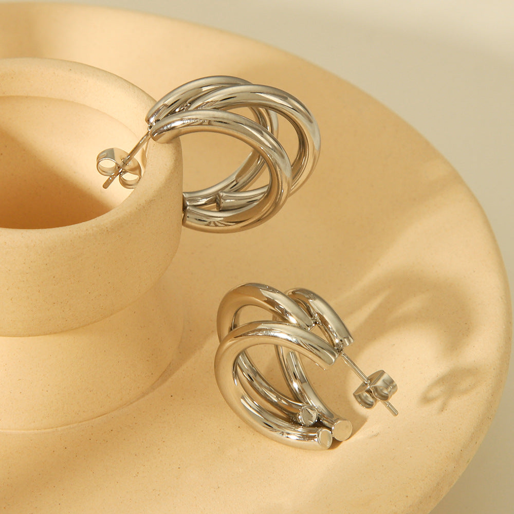 INS Three-layer Stainless Steel Gold-plated Earrings for Women, Light Luxury, High-end, Personalized, 18K Gold Temperament Earrings