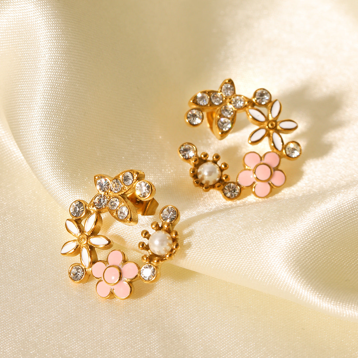 Flower earrings, 18K gold stainless steel, butterfly design with zircon, pearl drop earrings, women's flower garland earrings