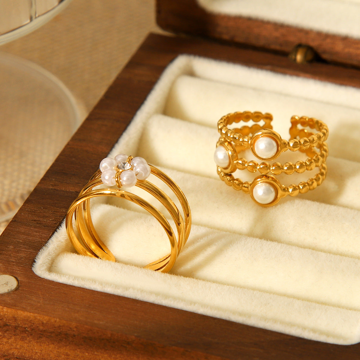 Design sense three-layer stainless steel open ring flower pearl finger ring female non-fading titanium steel jewelry