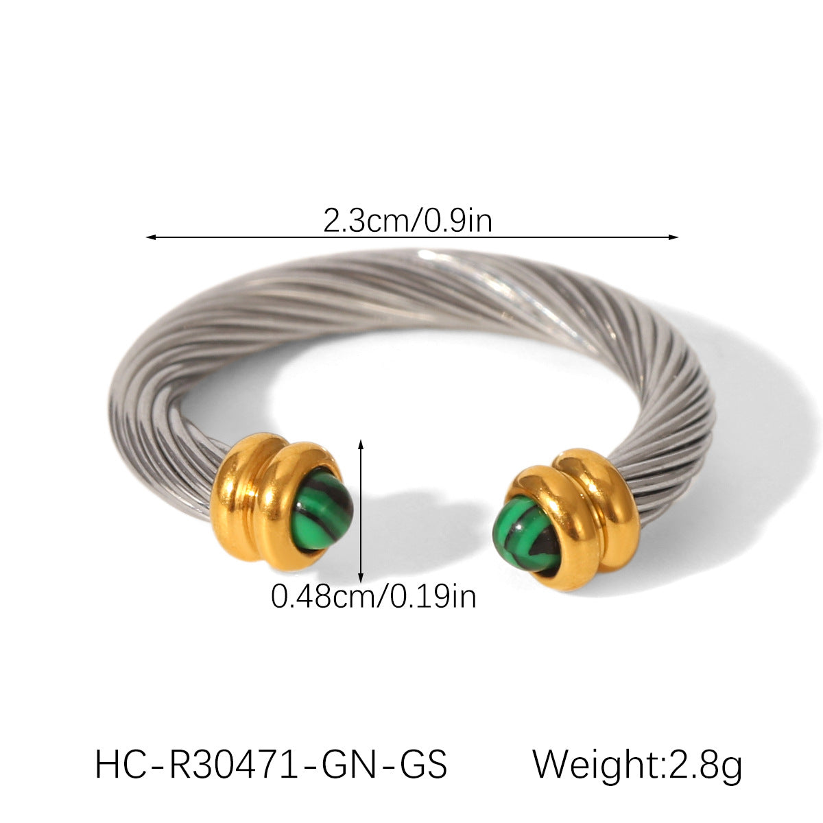 Color-blocked Stainless Steel Spiral Pattern Open Ring Inlaid with Malachite, Turquoise, Tiger's Eye, Titanium Steel Finger Ring for Women