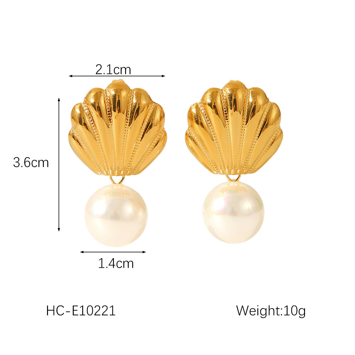 Marine titanium steel earrings, 18k gold-plated stainless steel scallop earrings, women's fashion diamond-encrusted earrings