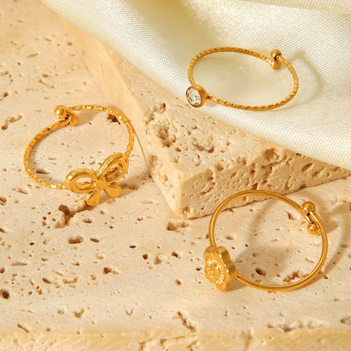 18K Gold-plated Stainless Steel Bowknot Flower-shaped Open Ring Set, Ins-style Zircon Ring for Women, Non-fading
