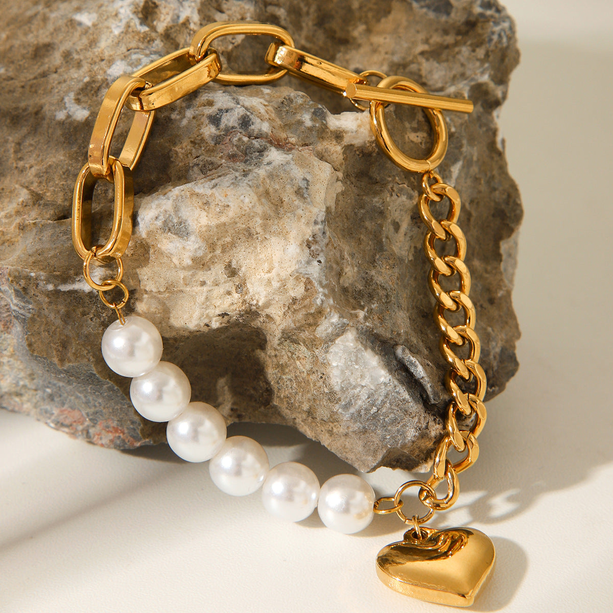 Ins Style Fashionable High-end Pearl Bracelet Women's Stainless Steel Heart Pendant Splicing Chain Titanium Steel Jewelry