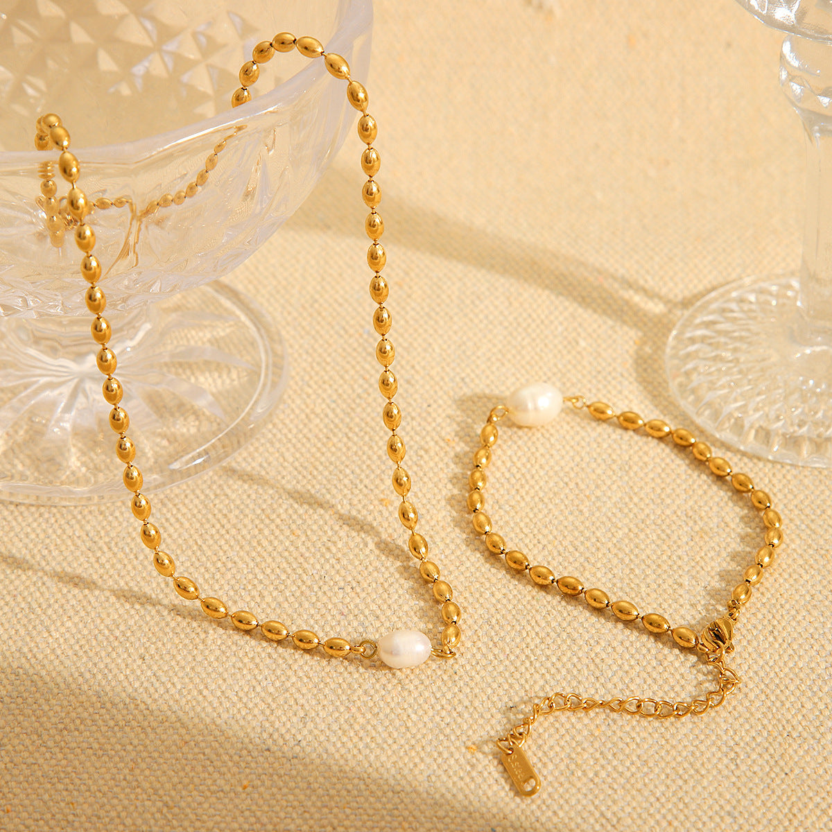 French natural freshwater pearl oval gold bean necklace stainless steel bracelet titanium steel jewelry