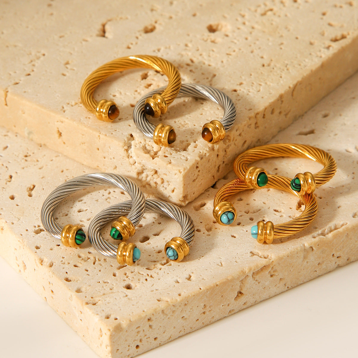 Color-blocked Stainless Steel Spiral Pattern Open Ring Inlaid with Malachite, Turquoise, Tiger's Eye, Titanium Steel Finger Ring for Women
