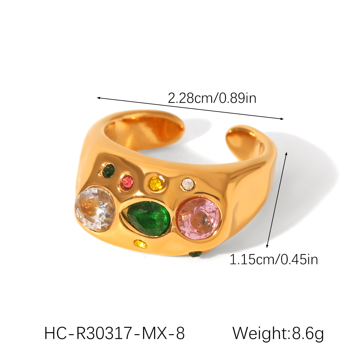 18k Gold Stainless Steel Ring Jewelry, Inlaid with Heart-shaped Zircon, Open-end Ring, Made of Titanium Steel, Non-fading Ring