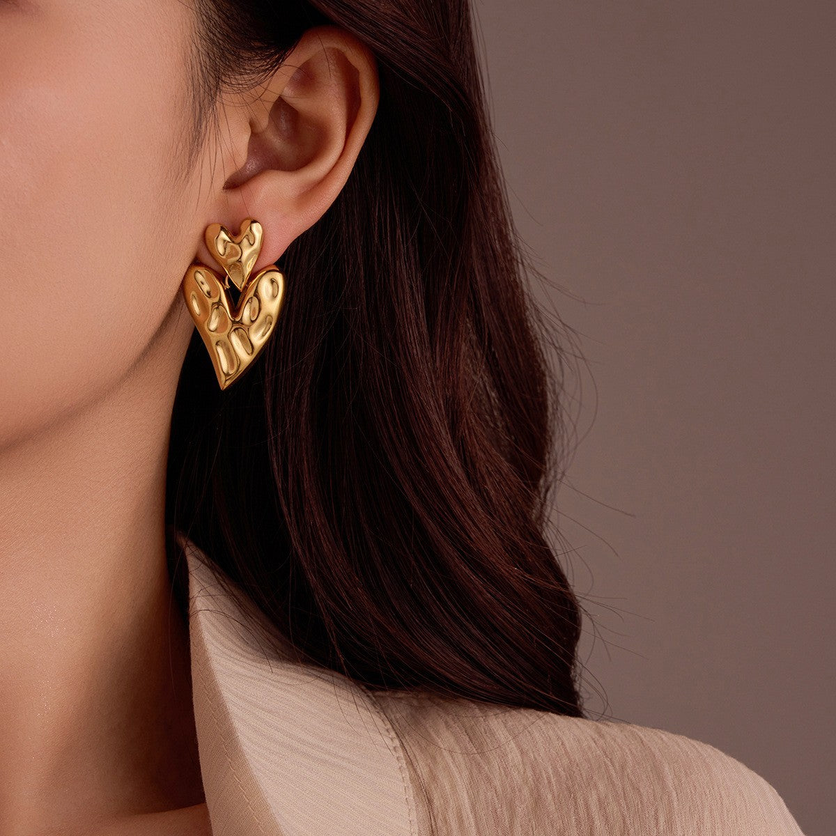 18K Gold Stainless Steel Hammered Pattern Heart-shaped Earrings, Light Luxury and High-end Feel, Heart-shaped Titanium Steel Earrings