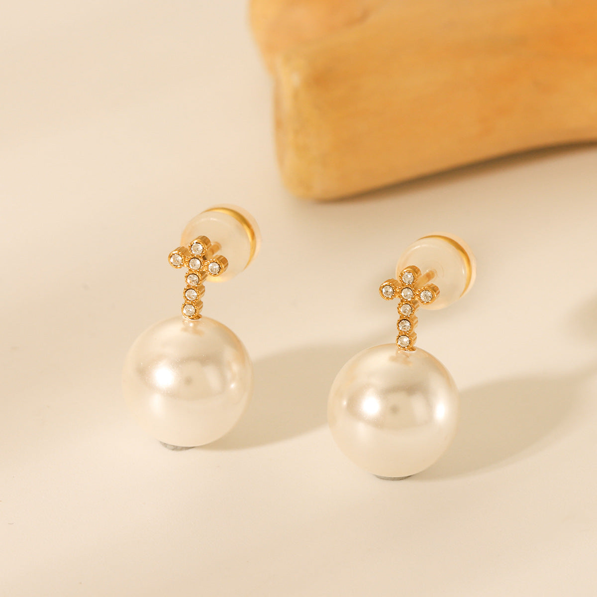 Pearl Earrings 18K Gold Stainless Steel Cross Inlaid with Diamonds Earrings for Women's Fashion Accessories