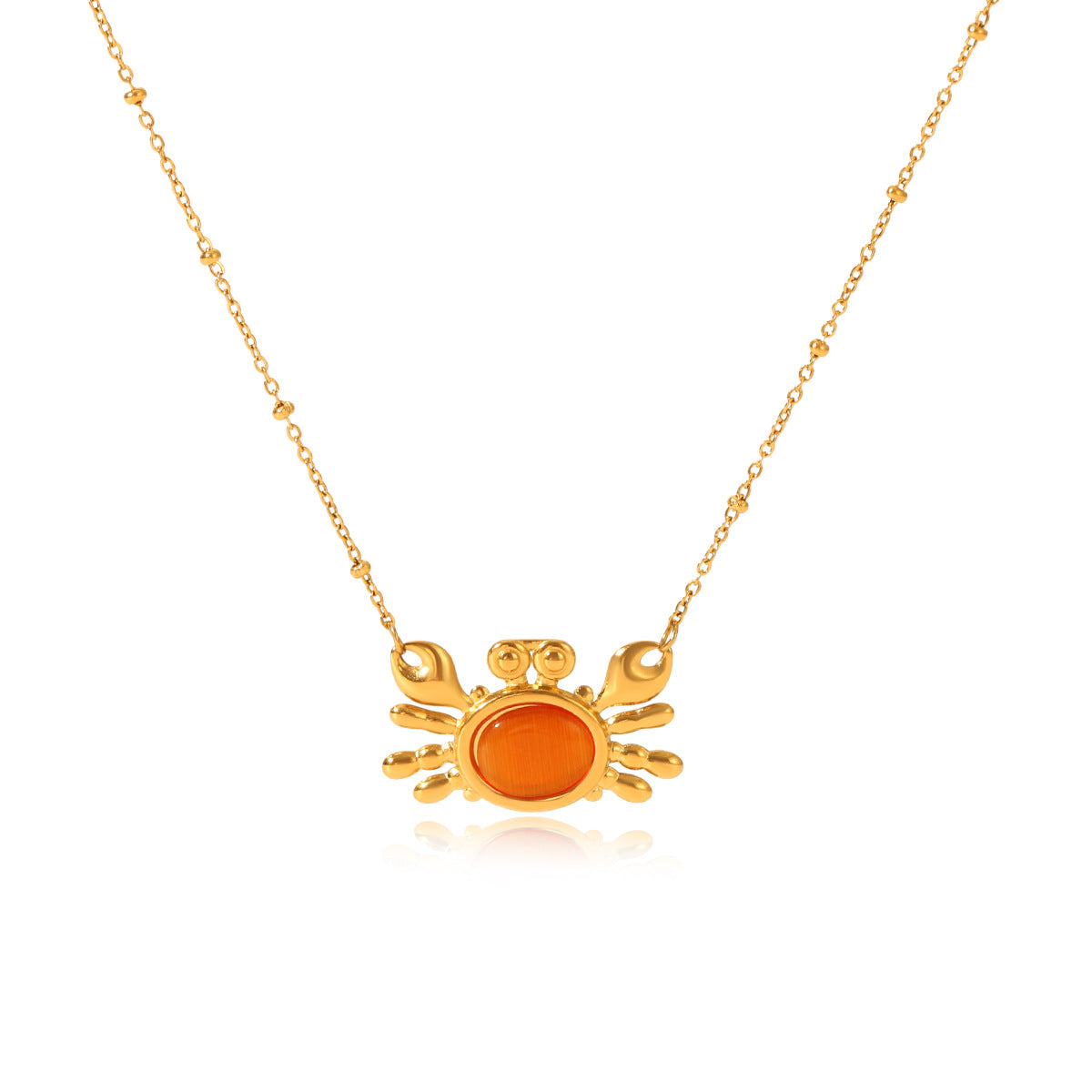 Stainless Steel Clavicle Chain, Cat's Eye Stone Crab Pendant, Beaded Chain Necklace, Titanium Steel Necklace