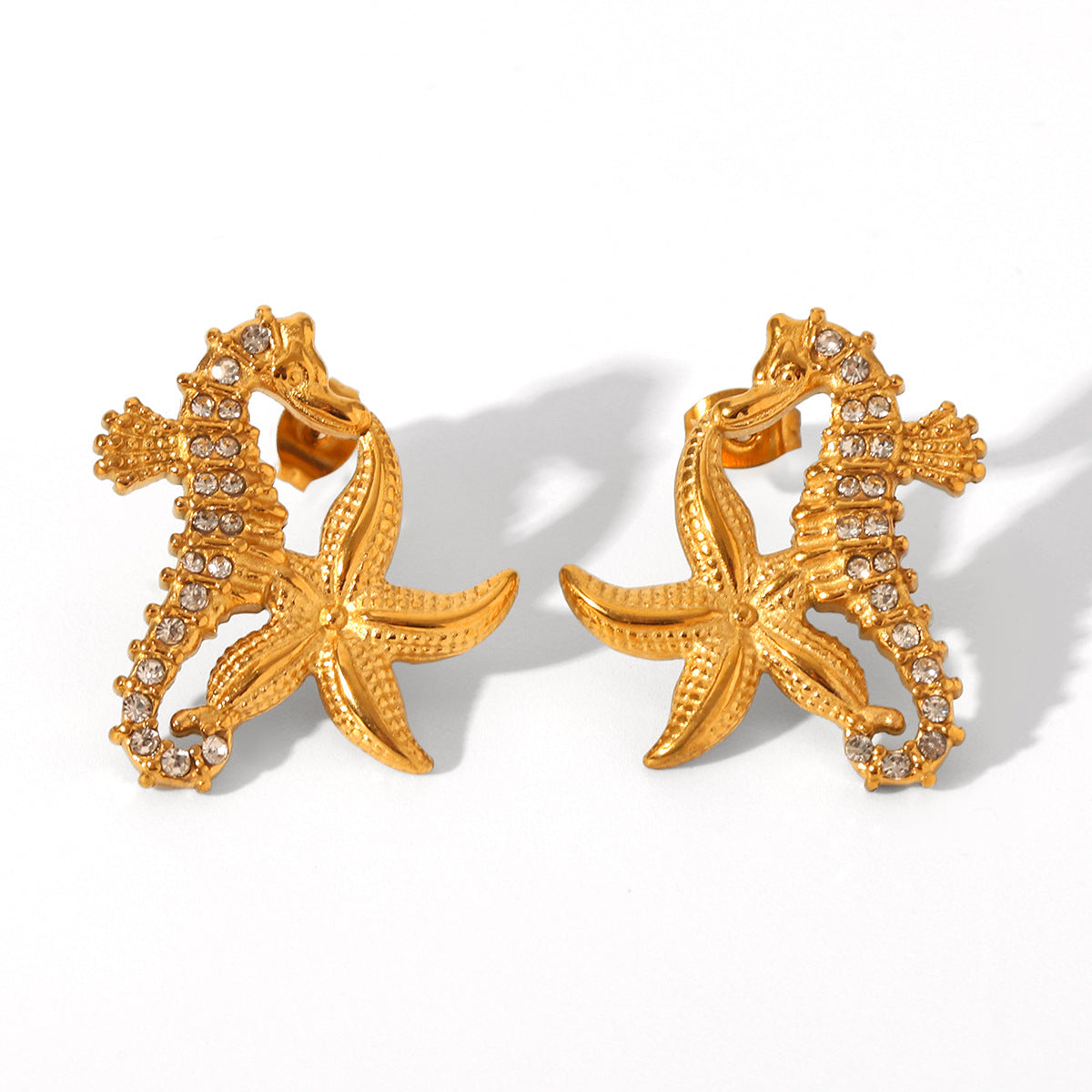 Ocean Wind Stainless Steel Diamond-encrusted Seahorse Earrings, Non-fading, Niche, High-end, Titanium Steel Starfish Earrings