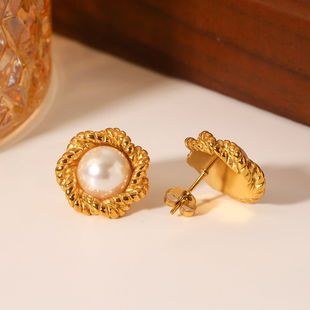 Stainless Steel 18K Gold-plated Earrings with Fried Dough Twists Pattern, Flower Design, and Pearl Accents for Women, Non-fading Titanium Steel Earrings