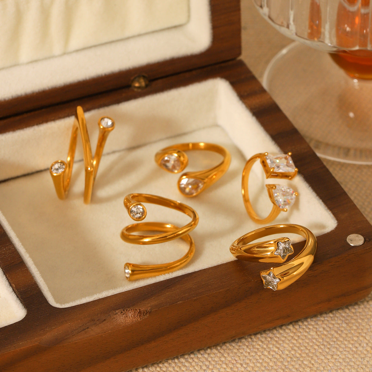 18K Gold Stainless Steel Open Ring Inlaid with Zircon, High-end, Non-fading, Finger Ring, Titanium Steel Jewelry