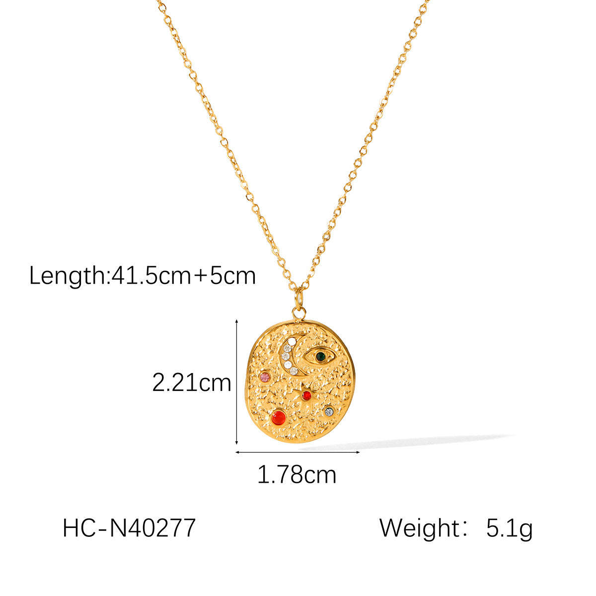 Diamond Studded Stainless Steel Pendant Necklace with Relief Octagonal Star, Moon, Sun, Titanium Steel Necklace