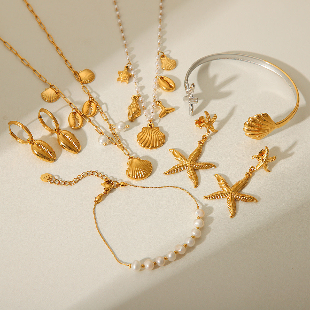 Ocean Series Stainless Steel Starfish Earrings Pearl Scallop Pendant Necklace Does Not Fade Bracelet