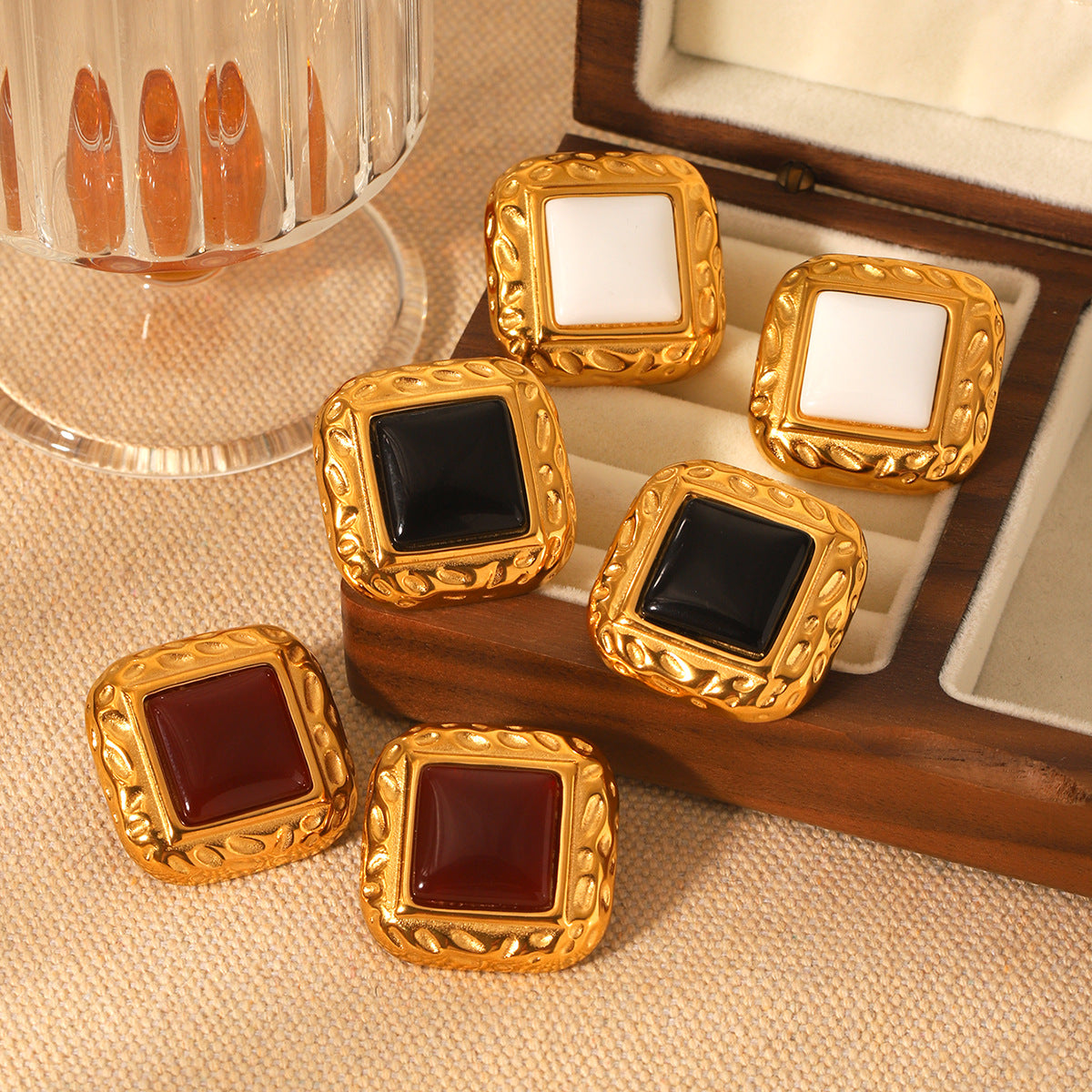 French vintage square stainless steel hammered earrings agate earrings women's non-fading light luxury high-end earrings
