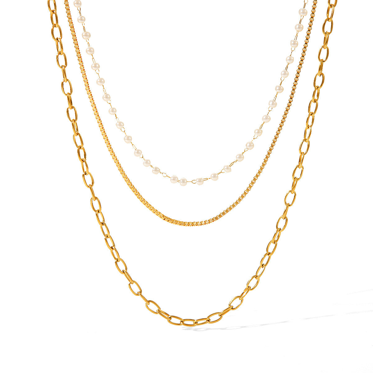 18K Gold Stainless Steel Three-layer Necklace Pearl Collar Chain Women's High-level Necklace