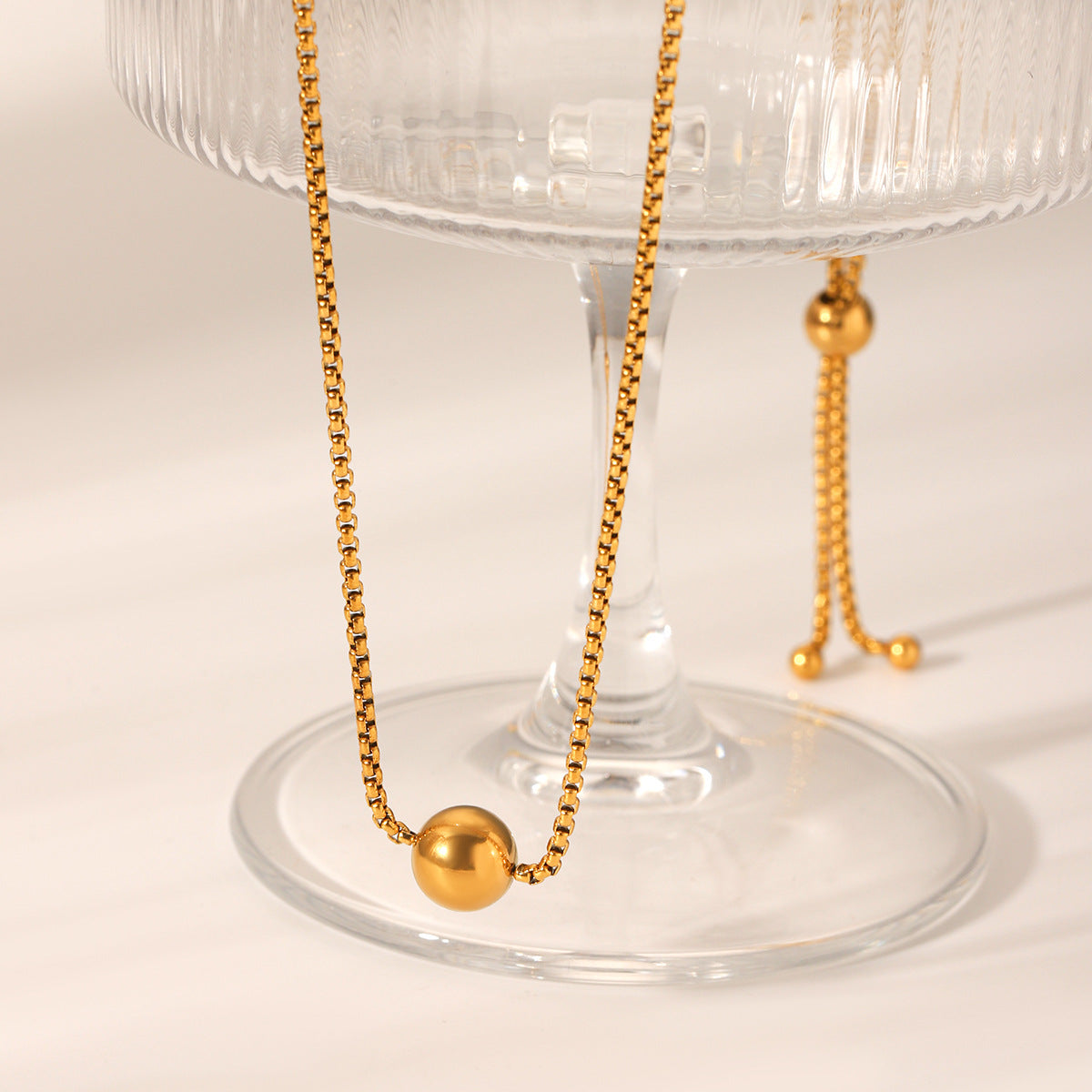 18K gold stainless steel box chain steel ball pendant necklace ins style niche design pull-style clavicle chain