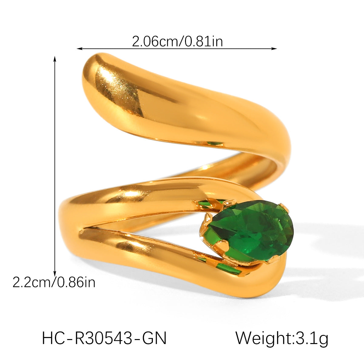 Stainless Steel Ring with Green Zircon Inlay for Women, Non-fading Titanium Steel Ring, Light Luxury and High-end Hand Jewelry