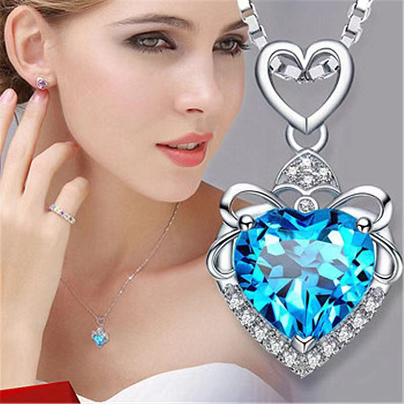 Heart of The Ocean Topaz Purple Blue Crystal Necklace Heart Shaped Clavicular Chain for Women