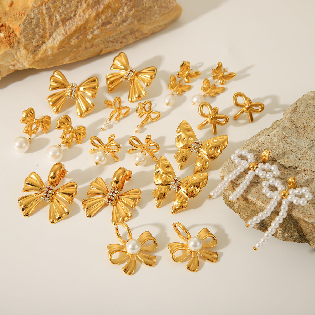 INS-style Titanium Steel Bowknot Earrings, 18K Gold Stainless Steel Butterfly Pearl Earrings, High-end Ear Jewelry
