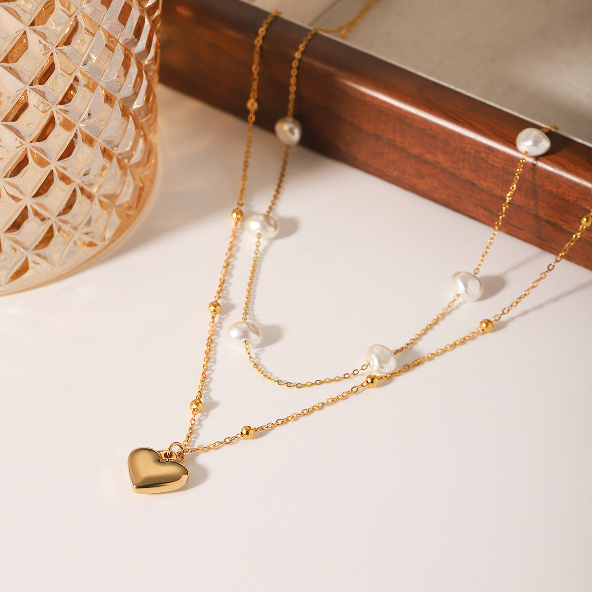 Stainless Steel Heart-shaped Pendant, Double-layered, Worn with Pearl Necklace, Women's High-end Clavicle Chain, Titanium Steel Necklace