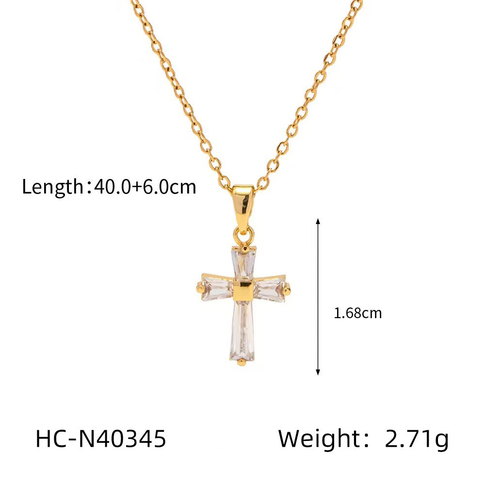 18K Gold Stainless Steel Box Chain Cross Diamond Pendant Necklace Does Not Fade, Elegant Titanium Steel Clavicle Chain