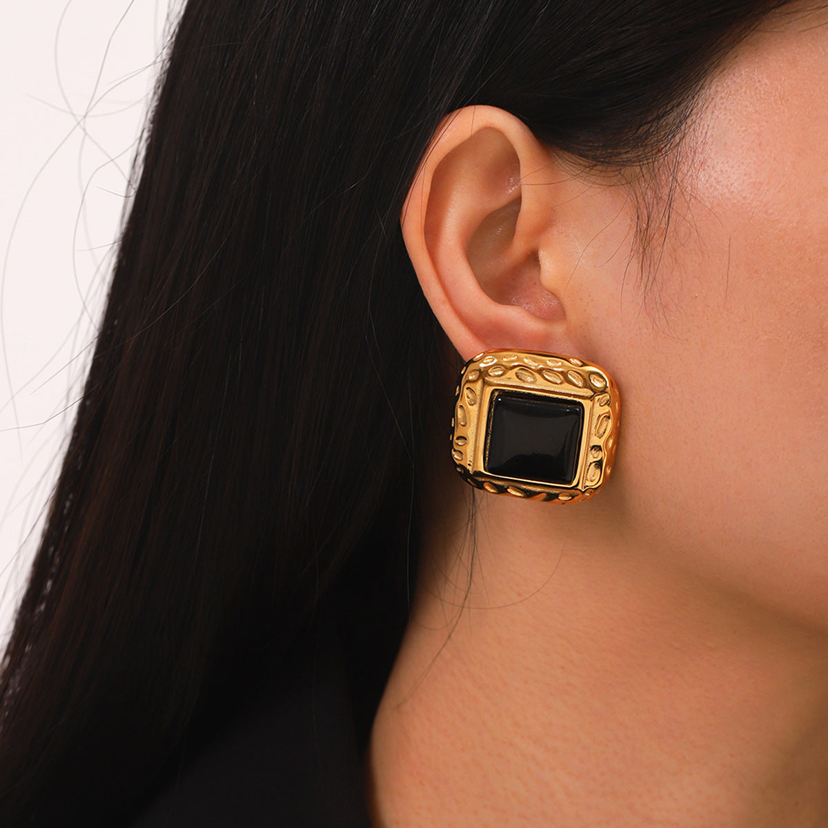 French vintage square stainless steel hammered earrings agate earrings women's non-fading light luxury high-end earrings