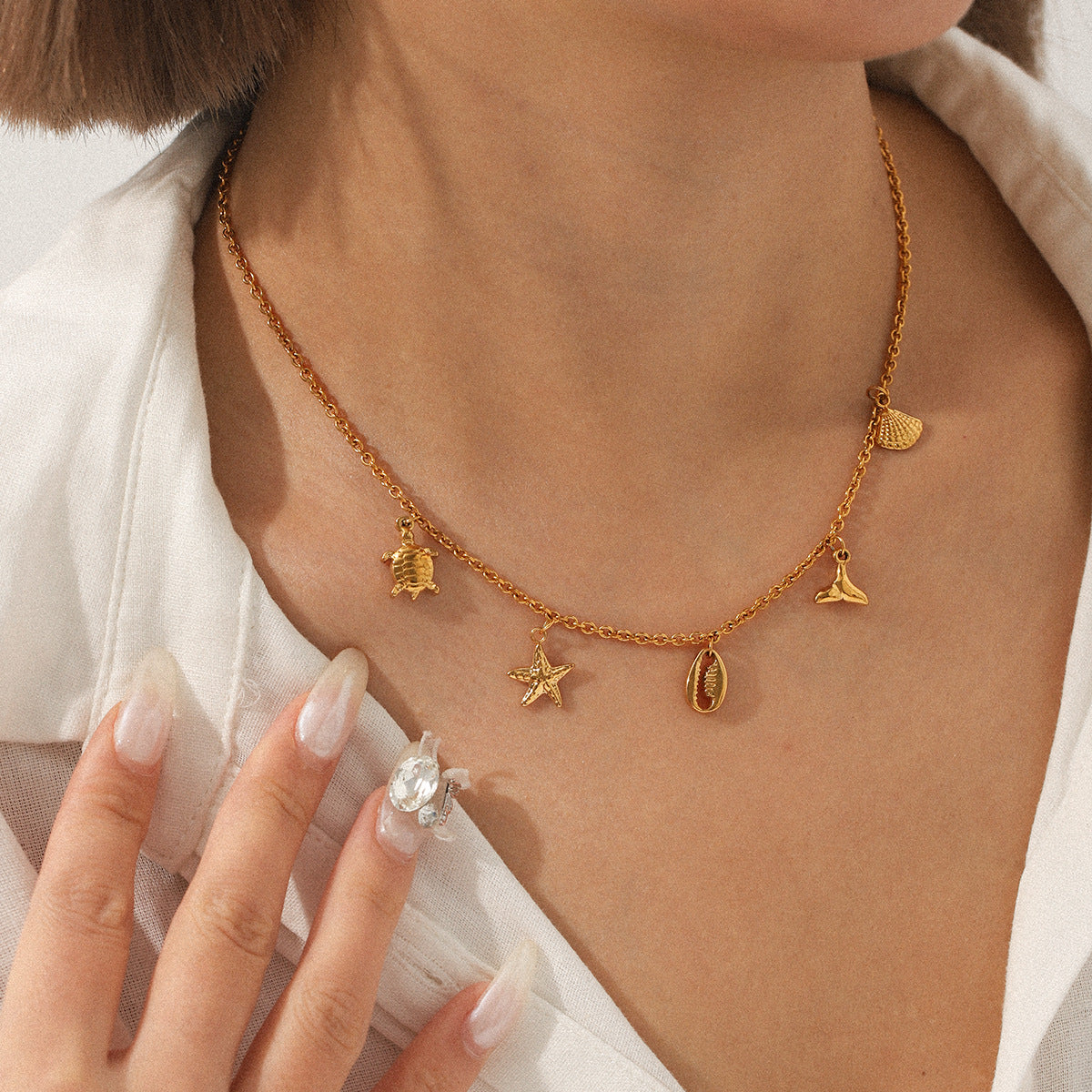 Ocean Wind Stainless Steel Necklace, Featuring A DIY Pendant of A Starfish, Seashell, Turtle, and Fish Tail, Perfect for A Clavicle Chain or Titanium Steel Necklace Adornment