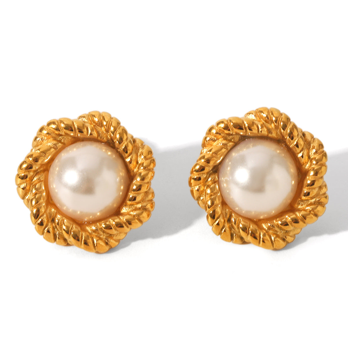 Stainless Steel 18K Gold-plated Earrings with Fried Dough Twists Pattern, Flower Design, and Pearl Accents for Women, Non-fading Titanium Steel Earrings