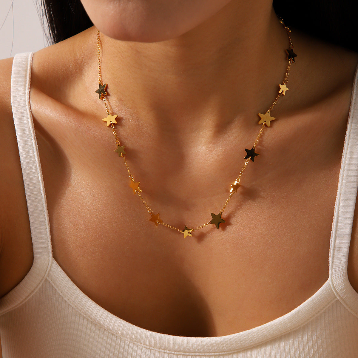 New Natural Stone Bead Titanium Steel Necklace, 18K Gold-plated Stainless Steel Sun Star Pendant Necklace for Women