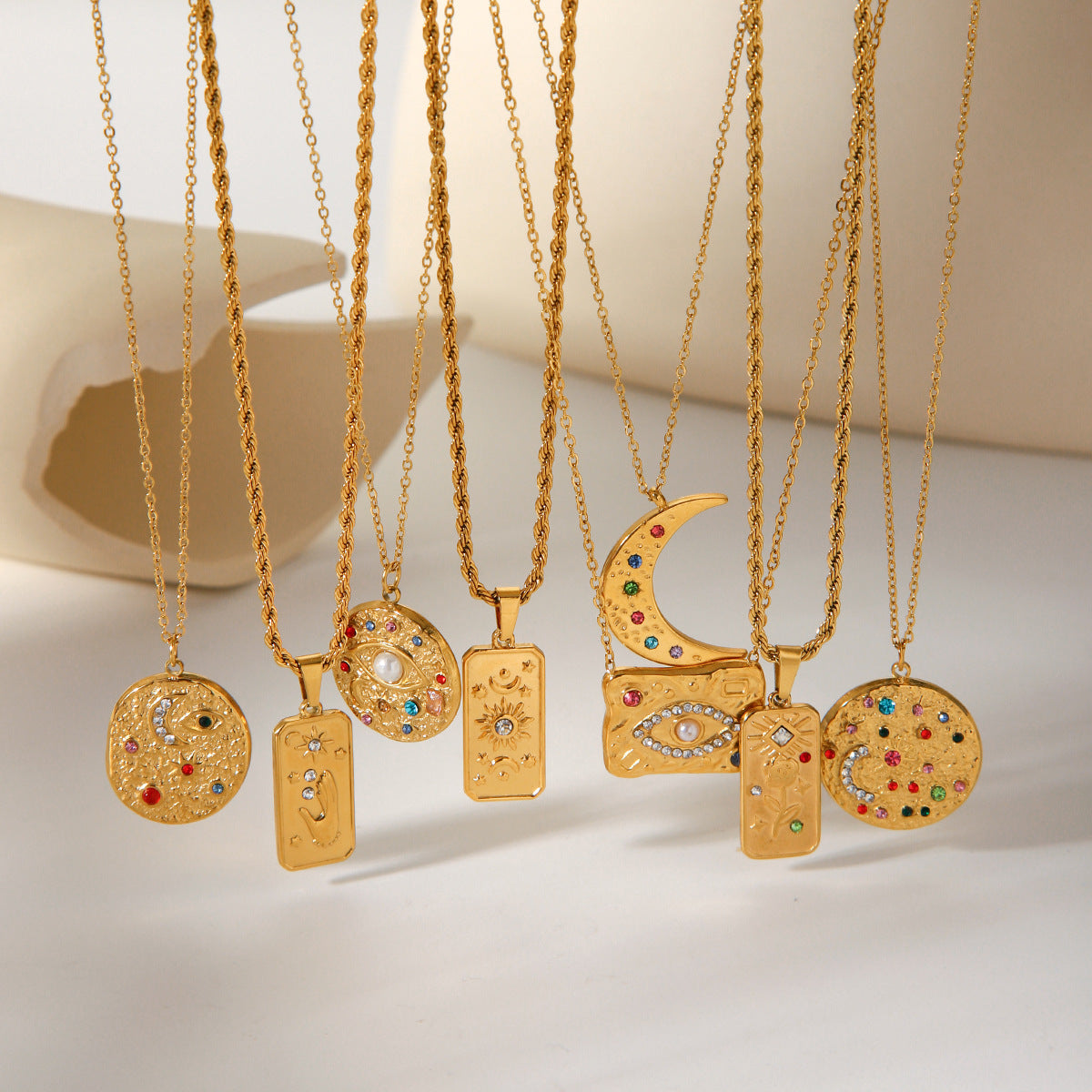Diamond Studded Stainless Steel Pendant Necklace with Relief Octagonal Star, Moon, Sun, Titanium Steel Necklace
