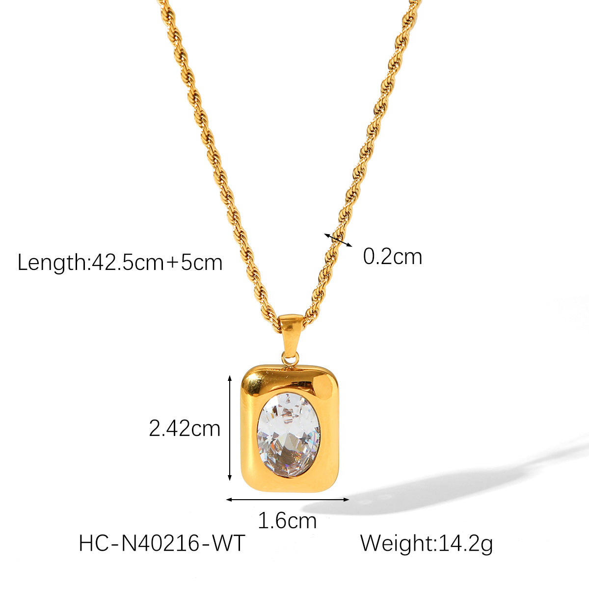 Stainless Steel Necklace with Square Pendant, Inlaid with Semi-precious Stones, Titanium Steel Necklace for Women