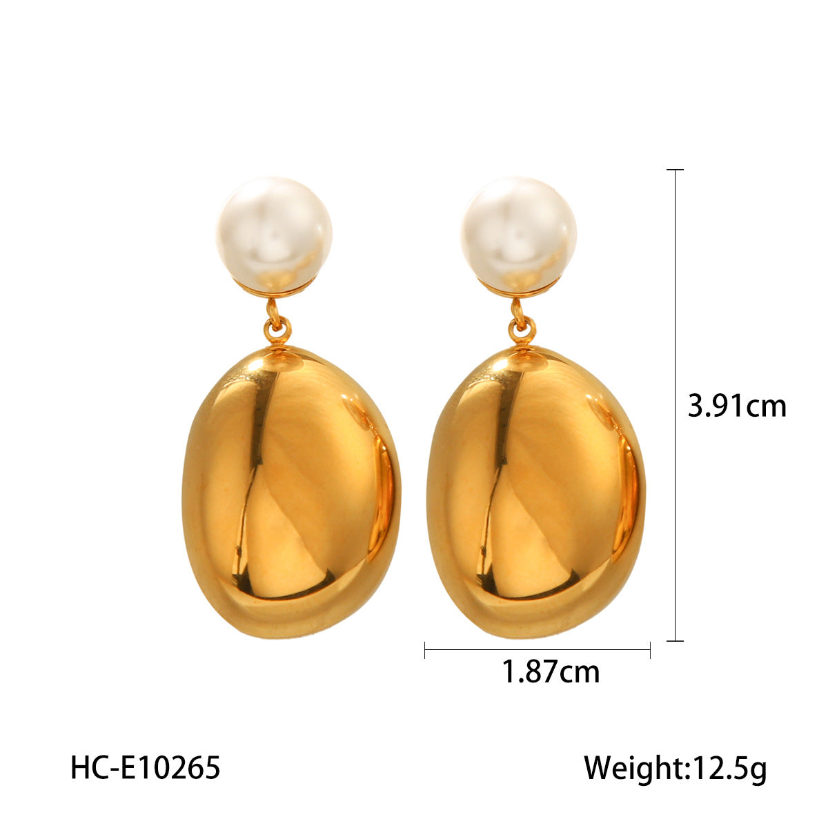 18k Gold Stainless Steel Earrings with Pearl Studs, Semi-circular Pendant, Titanium Steel Earrings