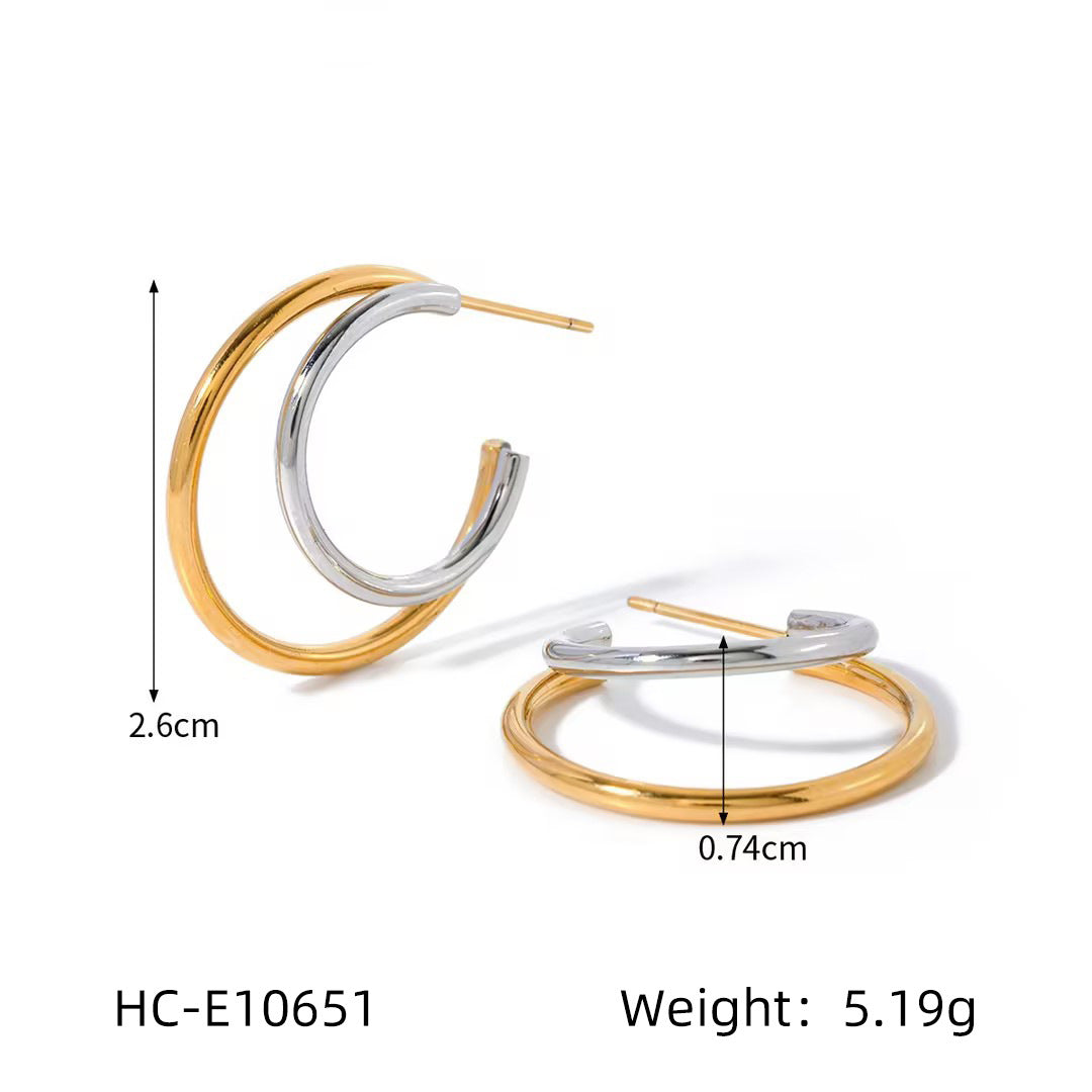 18K Gold Double-layer Stainless Steel Earrings INS Style Color Blocked Titanium Steel Earrings for Women's Fashion, Simple and Non Fading Earrings