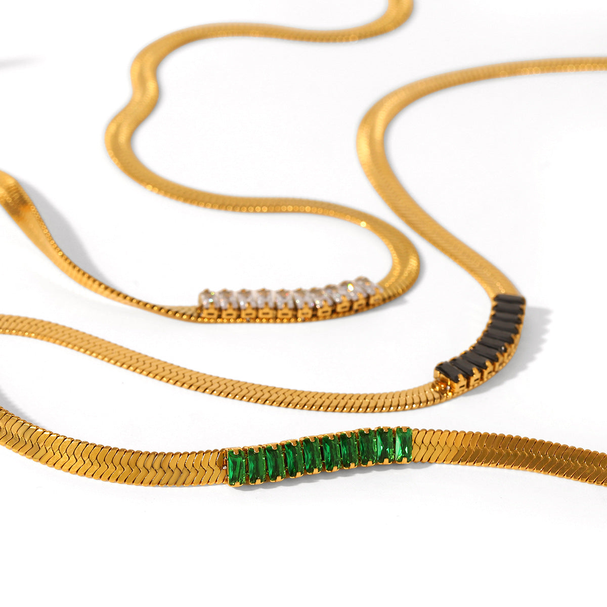 18K Gold Stainless Steel Blade Chain Inlaid with Zircon Necklace, High-end Flat Snake Chain, Titanium Steel Clavicle Chain