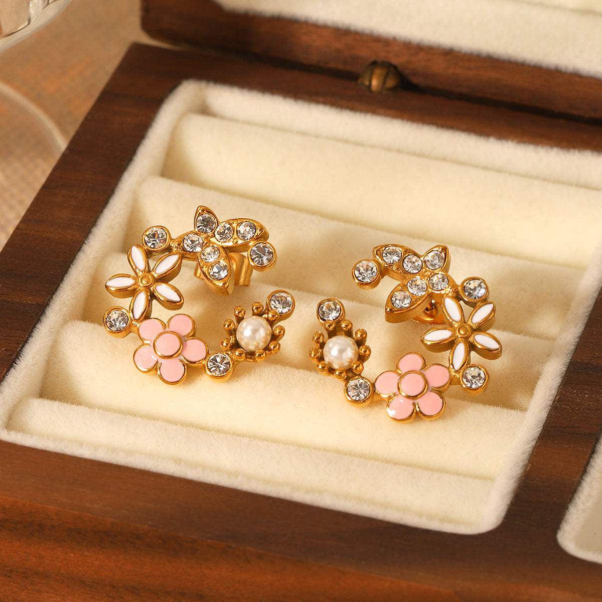 Flower earrings, 18K gold stainless steel, butterfly design with zircon, pearl drop earrings, women's flower garland earrings