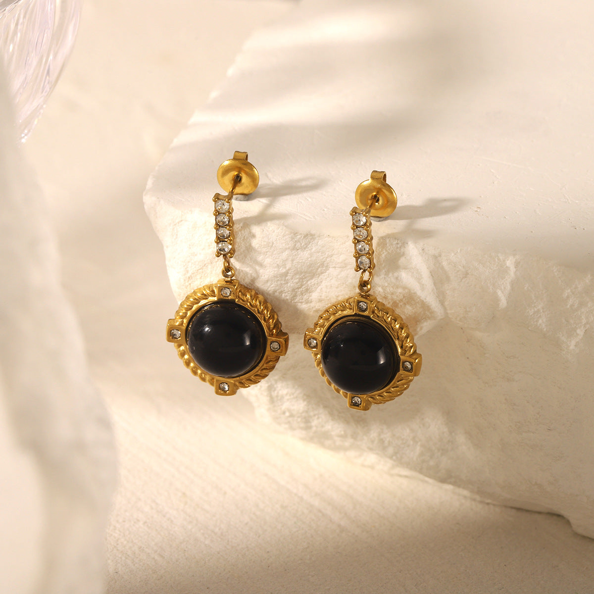 French Retro Style Obsidian 18k Gold Stainless Steel Earrings with Diamond Studded Earrings, Stylish and Elegant Earrings for Women