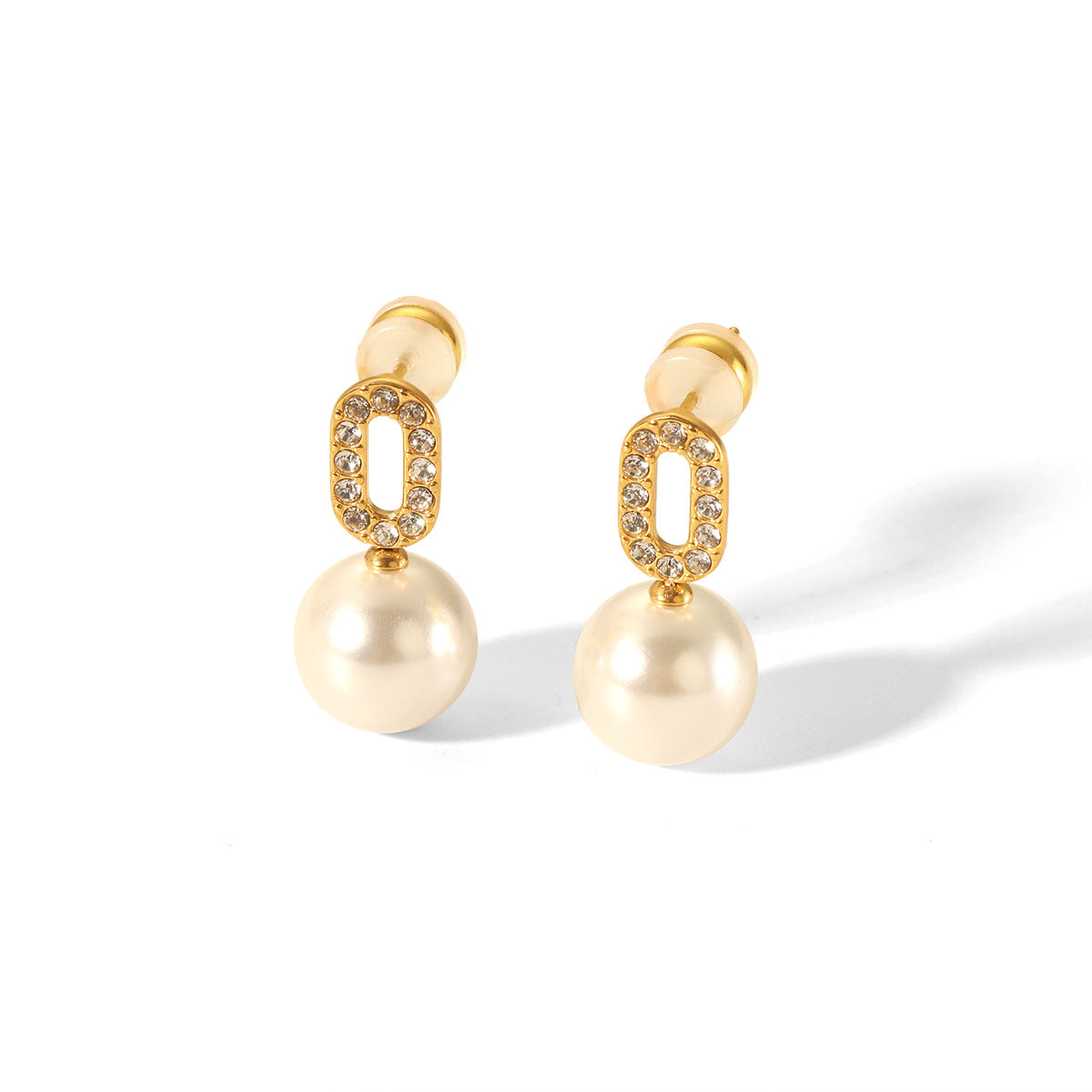 Oval 18K Gold Stainless Steel Diamond-encrusted Earrings for Women, Fashionable and Elegant, Versatile Pearl Earrings and Ear Jewelry