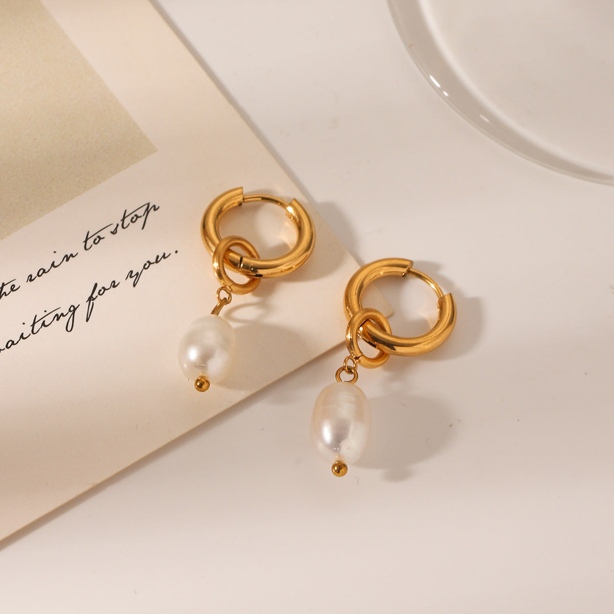 Titanium Steel Earrings with A Light Luxury Feel, Featuring Freshwater Pearls, Cross-border Stainless Steel Jewelry