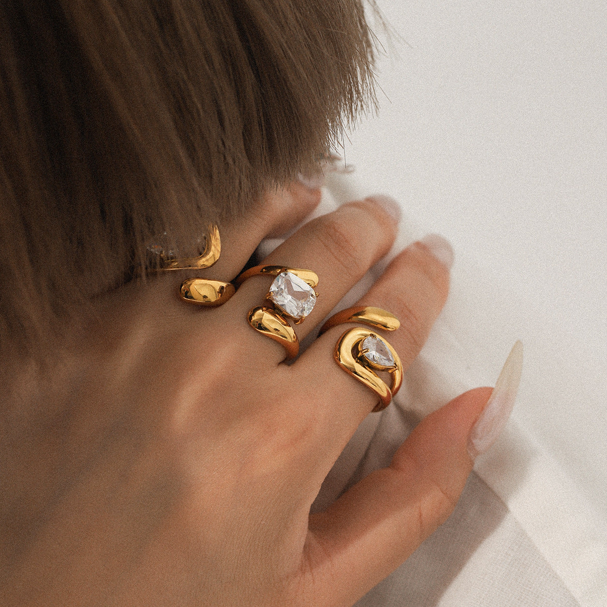 Stainless Steel Zircon-inlaid Ring, High-end and Light Luxury, Open-finger Ring, Niche Titanium Steel Jewelry