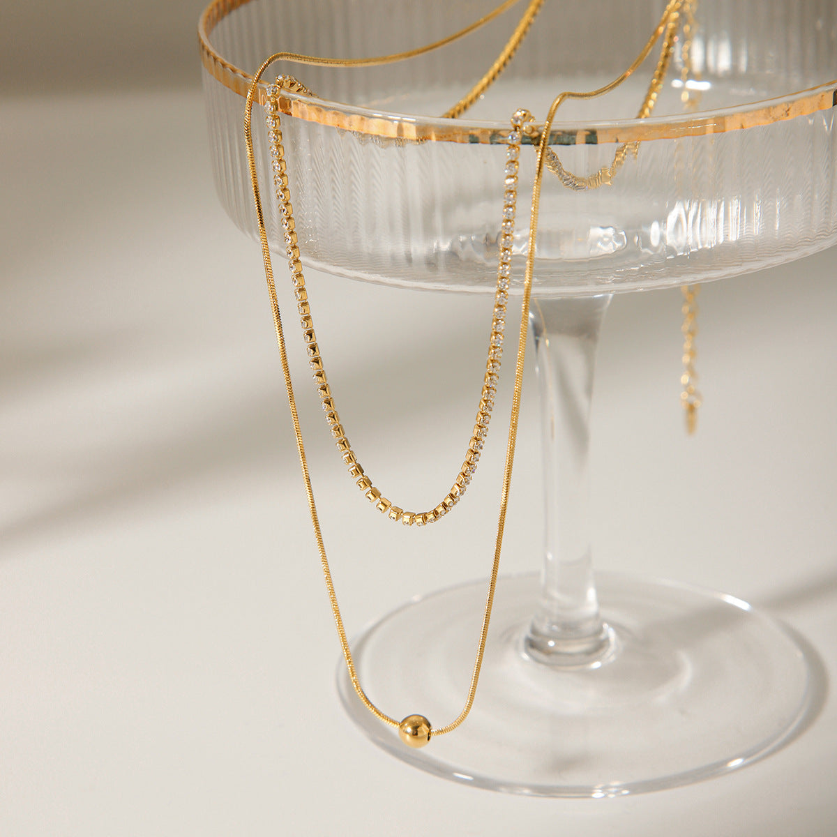 18k Gold Double-layer Necklace for Women, Stainless Steel, Fashionable and Simple Zircon Chain, High-end Necklace