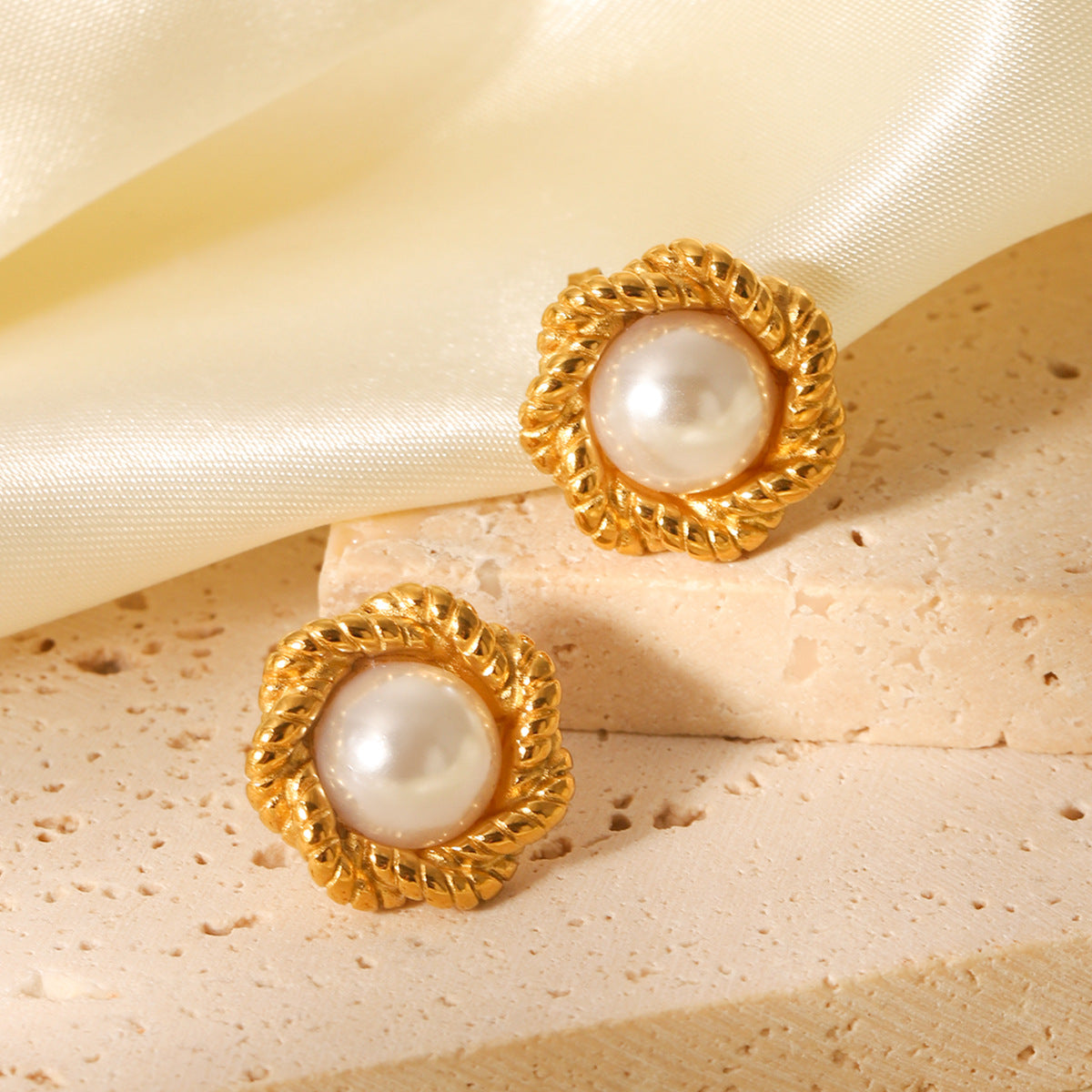 Stainless Steel 18K Gold-plated Earrings with Fried Dough Twists Pattern, Flower Design, and Pearl Accents for Women, Non-fading Titanium Steel Earrings