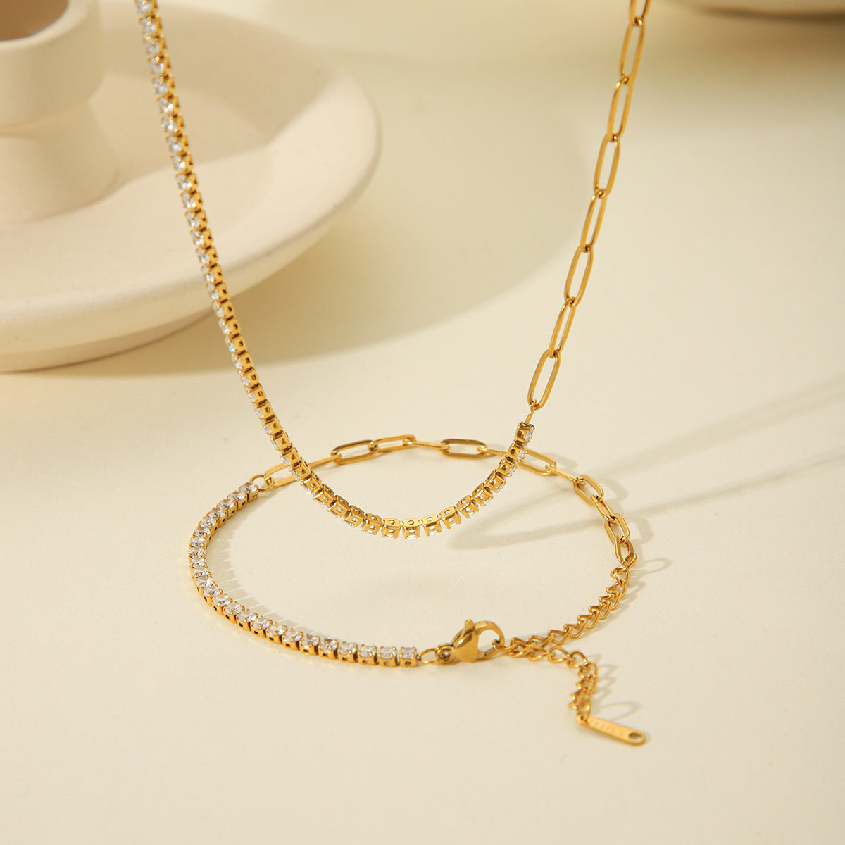 Stainless Steel Zircon Bracelet with INS Style, Light Luxury and High-end Feel, 18k Gold Titanium Steel Claw Chain Necklace, Does Not Fade