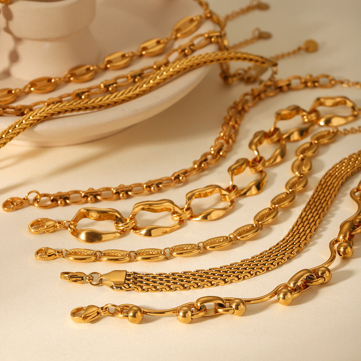 18K gold-plated stainless steel bracelet for women, INS style, fashionable round bead chain, handmade jewelry