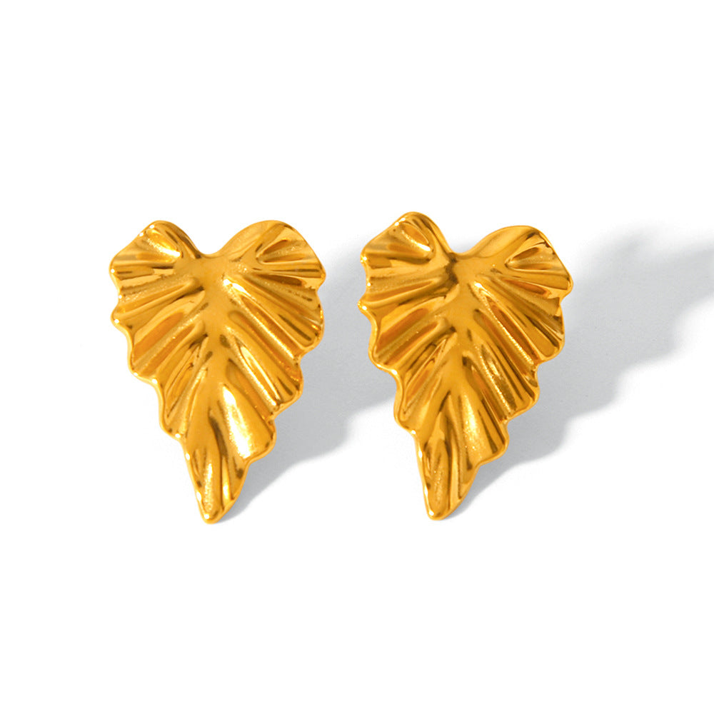 18k Gold-plated Stainless Steel Leaf Earrings with Pleated Titanium Steel Earrings, Fashionable and Personalized Earrings