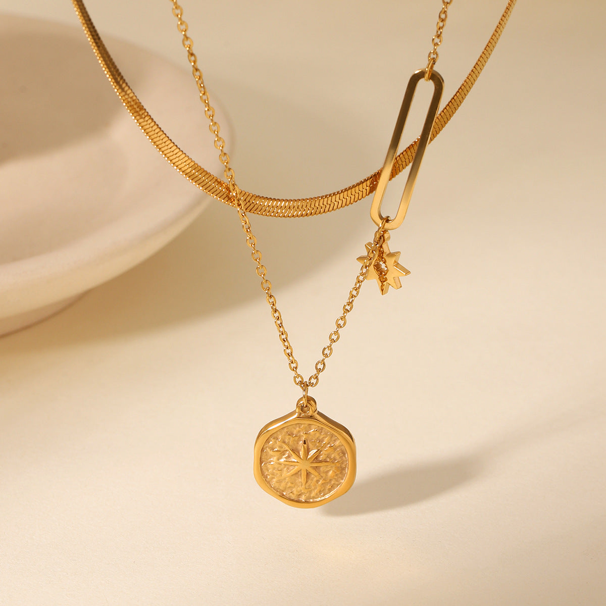 Double-layered Stainless Steel Necklace with Embossed Eight-pointed Star Pendant and Titanium Clavicle Chain