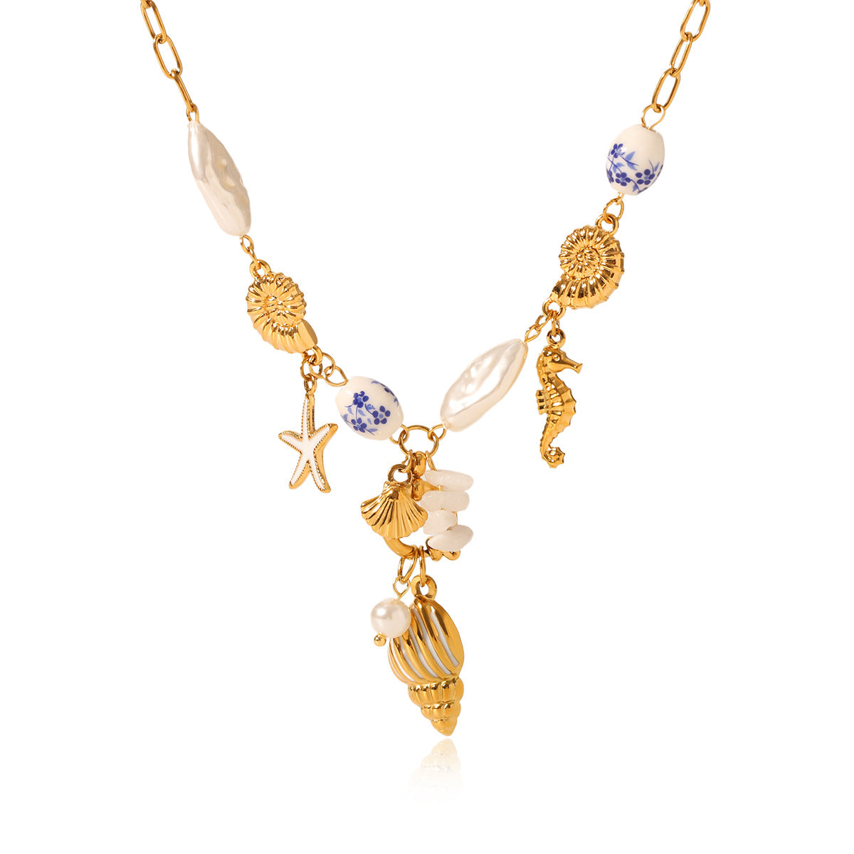 Summer Stainless Steel Ocean Style Element Starfish Shell Pearl Conch Necklace Female Non-fading Necklace