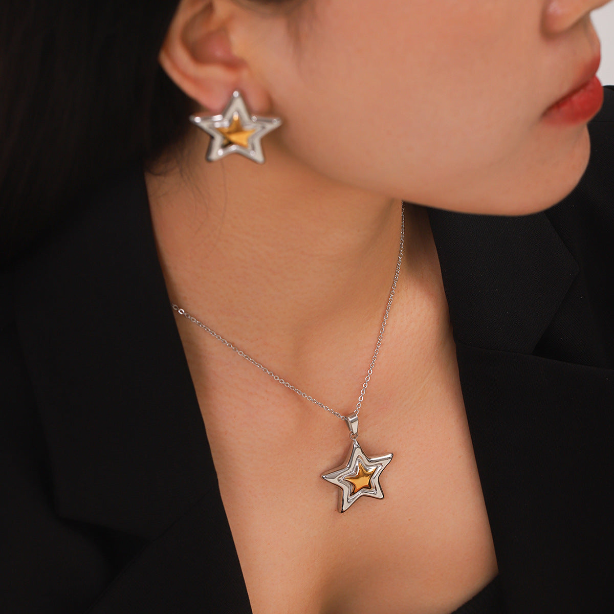 INS-style Gold and Silver Color-blocked Stainless Steel Five-pointed Star Pendant Necklace, High-end Star-shaped Titanium Steel Necklace